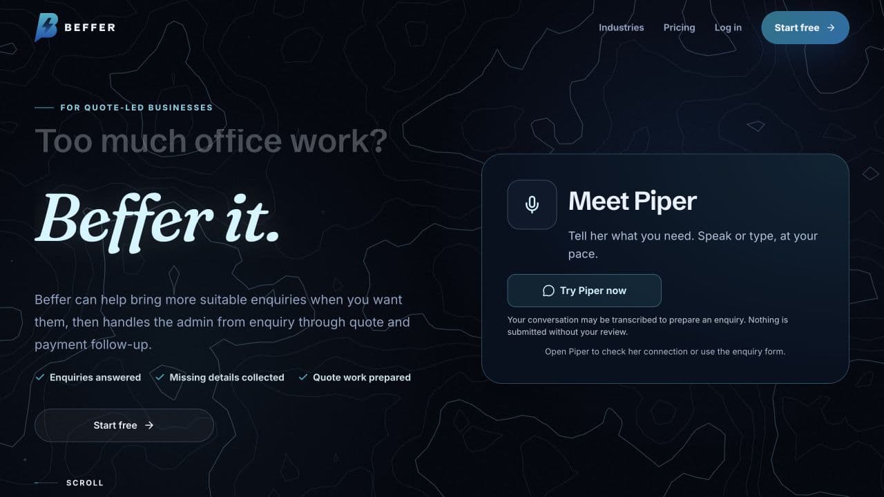 Beffer homepage showing the Piper enquiry assistant