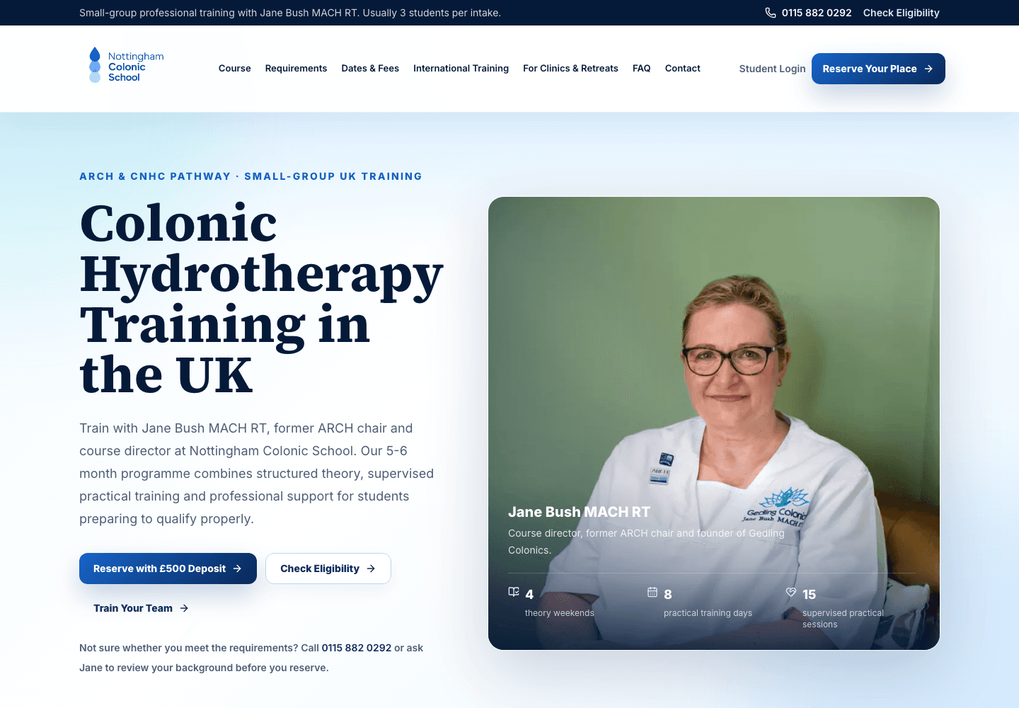 Colonic School training website with course director and deposit journey