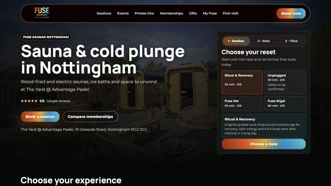 Fuse Saunas homepage with session booking choices