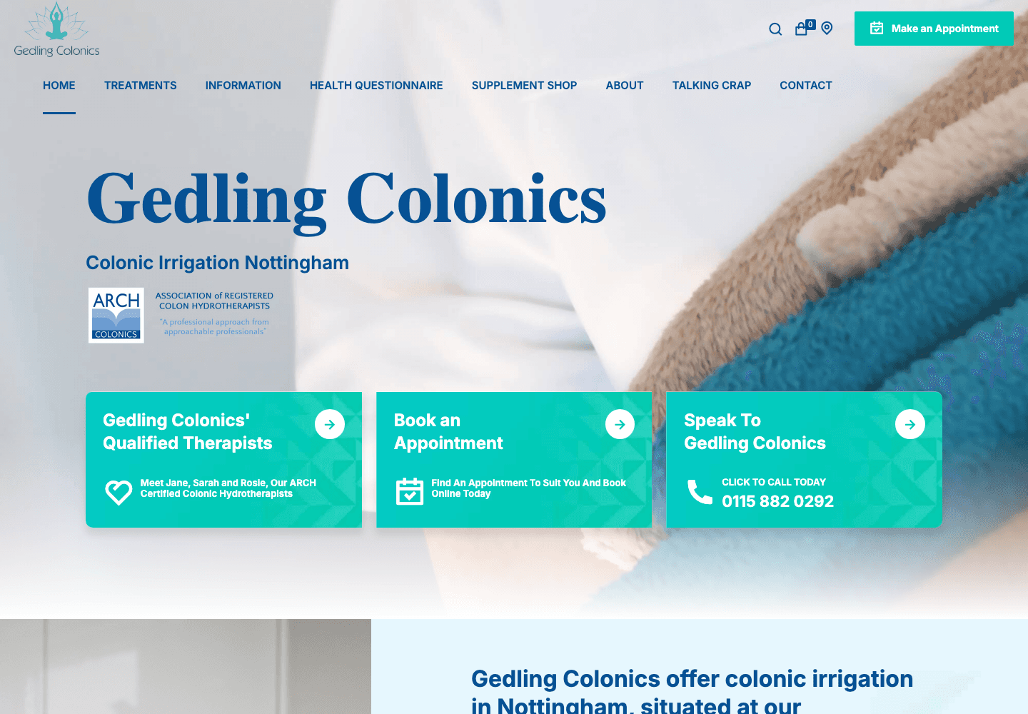 Gedling Colonics website with therapist, booking and phone enquiry routes