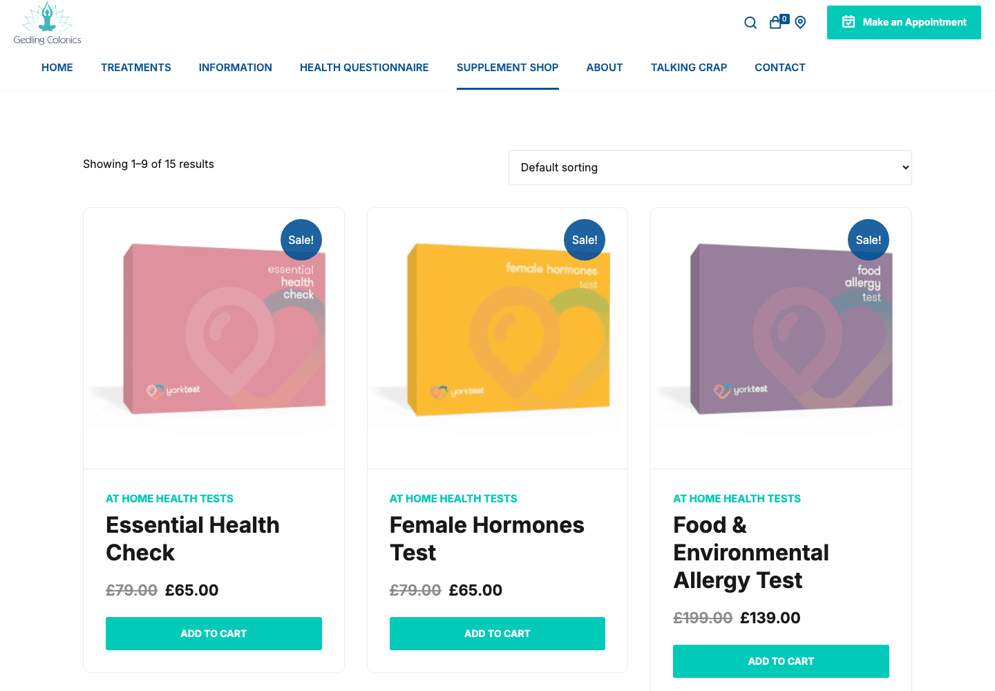 Gedling Colonics e-commerce shop for health tests and supplements