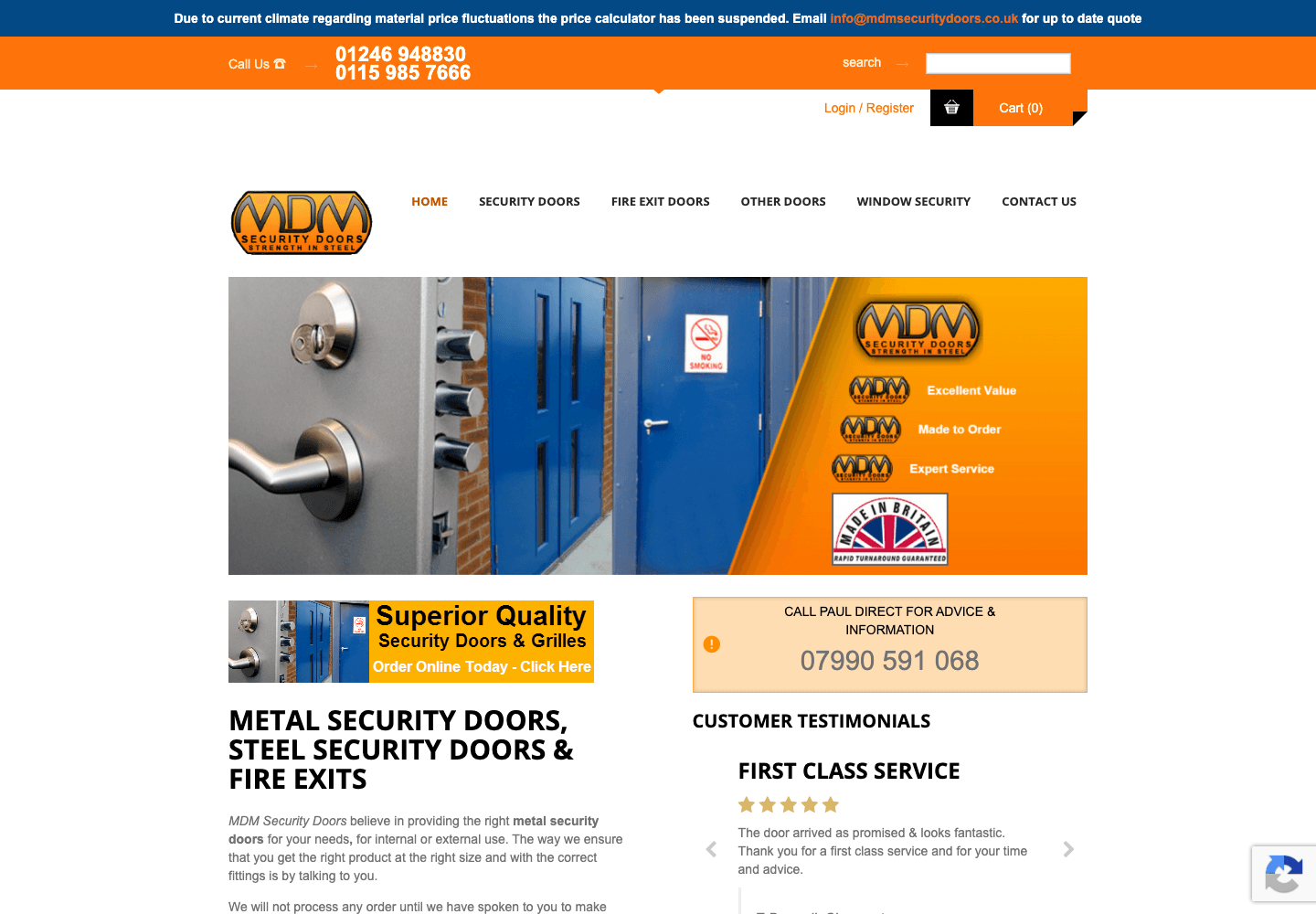 MDM Security Doors website showing made-to-order steel security doors